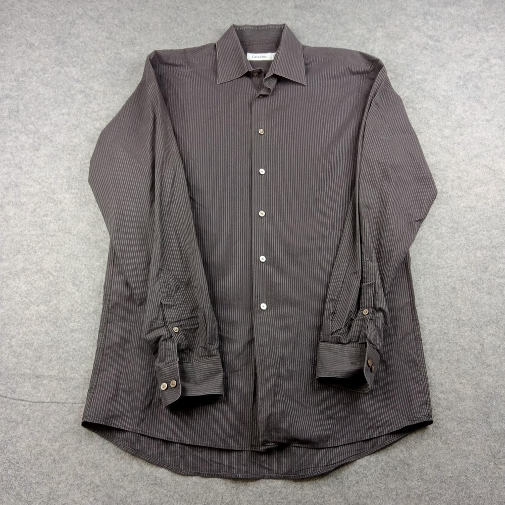 Calvin Klein Dress Shirt Mens 17.5 34/35 Gray Pinstripe Cotton Long Sleeve